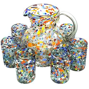 MEXICAN GLASSWARE / Confetti Rocks 120 oz Pitcher and 6 Drinking Glasses set / Each set of 'confetti rocks' pitcher and glasses is a work of art by itself. They are decorated with tiny multicolor glass rocks, making each set unique.